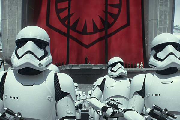 First Order stormtroopers gather in formation for a scene in STAR WARS: THE FORCE AWAKENS. Ph: Film Frame..©Lucasfilm 2015