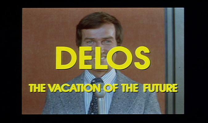 Delos is the vacation resort destination containing three themed worlds designed for guests' pleasure: West World, Medieval World and Roman World. This is a still image from the Delos orientation film introducing guests to the resort, as seen in WESTWORLD.