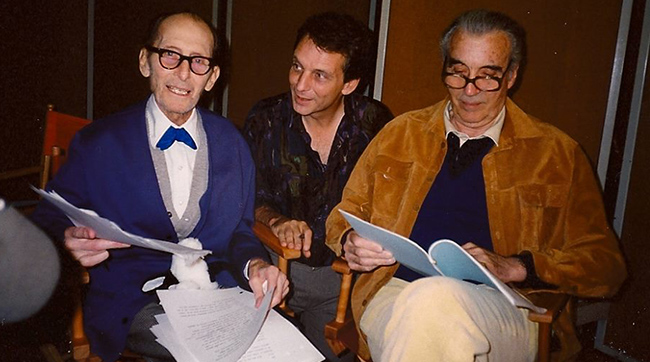Peter Cushing, Ted Newsom and Christopher Lee prepare to record narration tracks for the documentary FLESH AND BLOOD: THE HAMMER HERITAGE OF HORROR.
