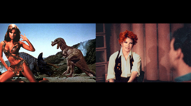 Raquel Welch as she appeared in ONE MILLION YEARS B.C. on the left, and the actress being interviewed for Ted Newsom's FLESH AND BLOOD: THE HAMMER HERITAGE OF HORROR (1994).