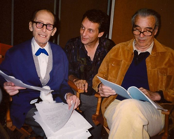 Peter Cushing, Ted Newsom and Christopher Lee prepare to record narration tracks for the documentary FLESH AND BLOOD: THE HAMMER HERITAGE OF HORROR.
