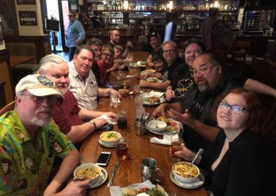 Enjoying food, drink and laughs after the DDG PLANET OF THE APES screening event are: (L to R) Rob McFarlane, Daren Dochterman, Tony Hardy, Mike Scott and grandson, David Moore, Jack Bennett, Jamie Dawson, Rebecca Lord, Ken Daily, Scott Weitz, Frank Woodward, Lin Rhys. Photo by unseen Frank Dietz.