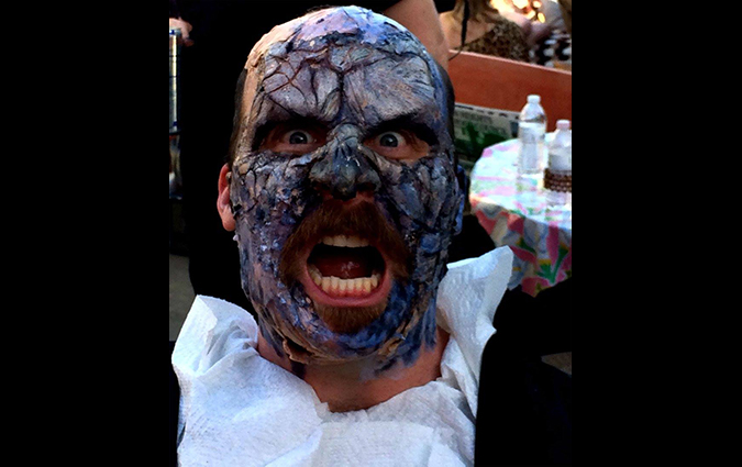 DDG's own Jack Bennett in makeup to appear as the Zombie Priest in Staci Layne Wilson's independent horror film FETISH FACTORY.