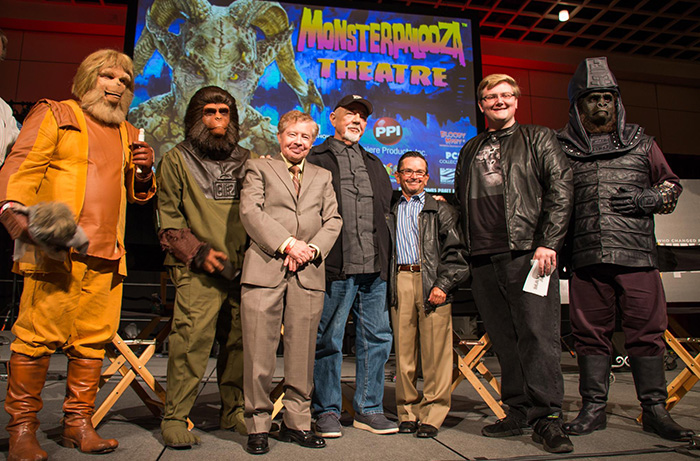 At Monsterpalooza 2017: (L to R) Lou Wagner, makeup effects artist Tom Burman,  Bobby Porter and director William Conlin pose with cosplayers after the MAKING APES: THE ARTISTS WHO CHANGED FILM. Photo courtesy of Making Apes on Facebook.