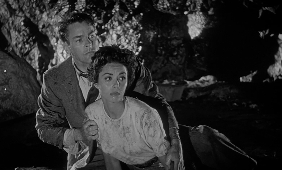 Miles (Kevin McCarthy) and Becky (Dana Wynter) battle sleep deprivation and alien assimilation in a climactic scene from INVASION OF THE BODY SNATCHERS.